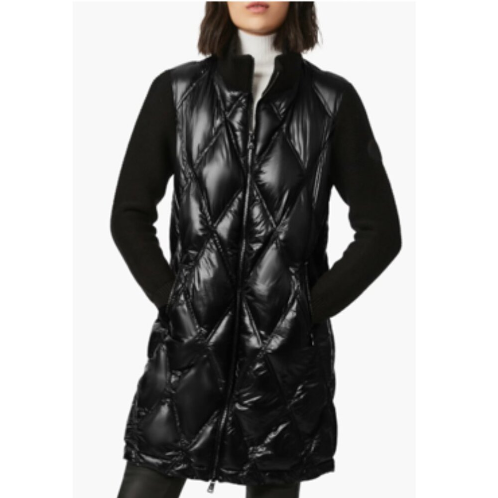 Stylish Black Quilted Women's Puffer Coat. Mixed Media Design. XS-S.